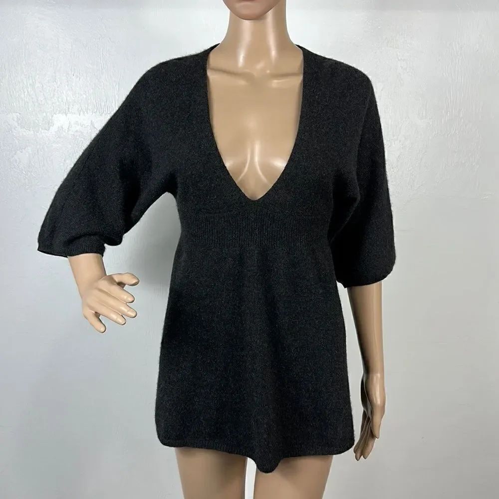 Vince Charcoal Gray Cashmere Half Sleeve V-neck Babydoll Sweater Size XS
